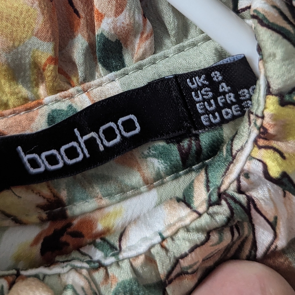 Floral Print High Neck Ruched Midi Dress Sage Green Fairycore Size 4 Boohoo - Picture 10 of 13